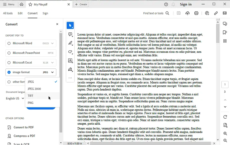 Скриншот Adobe Acrobat для экспорта в TIFF